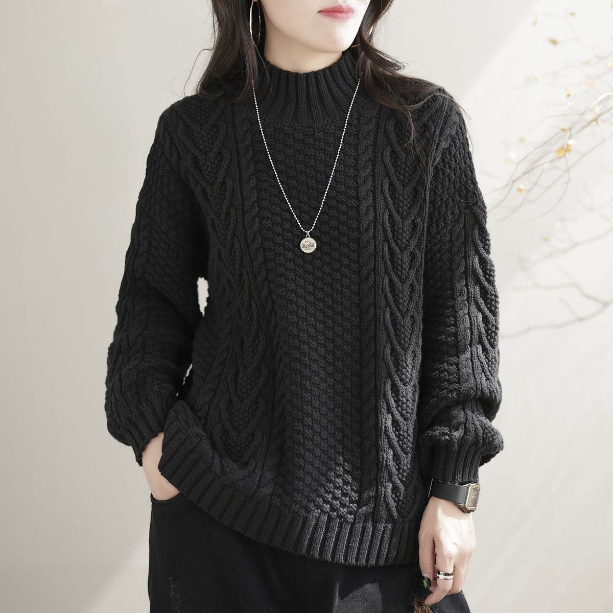 Damen Grobstrickpullover mit hohem Kragen und Zopfmuster R&B