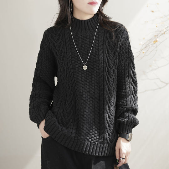 Damen Grobstrickpullover mit hohem Kragen und Zopfmuster R&B