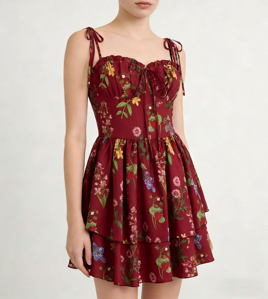 Damen Minikleid mit Blumenmuster und bordeauxfarbenem Unterrock R&B