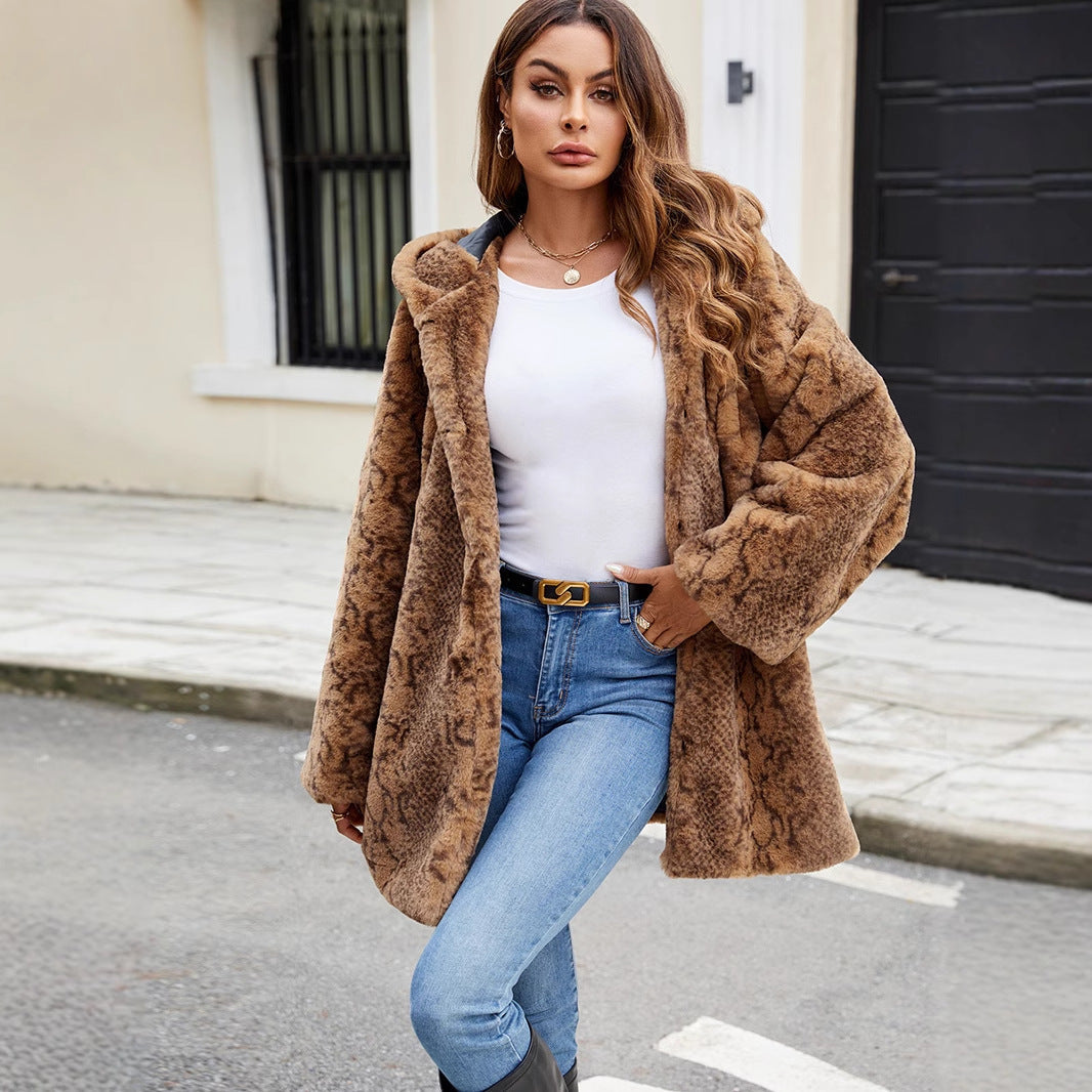 Damen Furry Parka mit Kapuze und elegantem Schnitt R&B