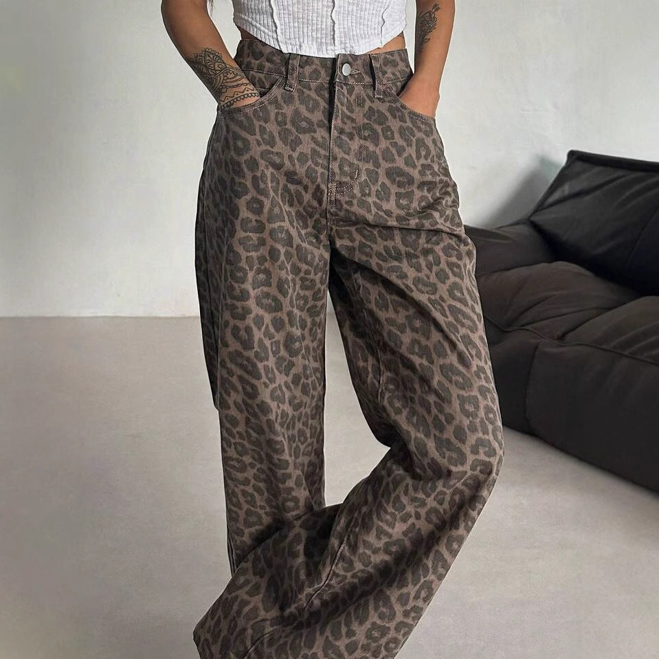 Damen Weit geschnittene Leoparden-Jeans im lässigen Stil R&B
