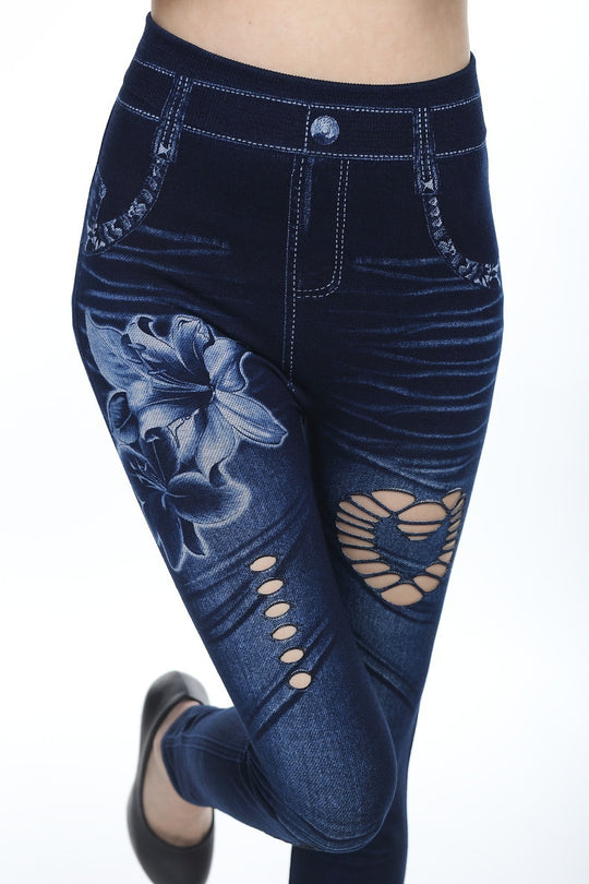 Damen Floral-Design Hochbund-Leggings aus Denim R&B
