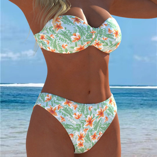 Damen Bandeau-Bikini mit einzigartigem Federmuster und hohem Taillenschnitt R&B