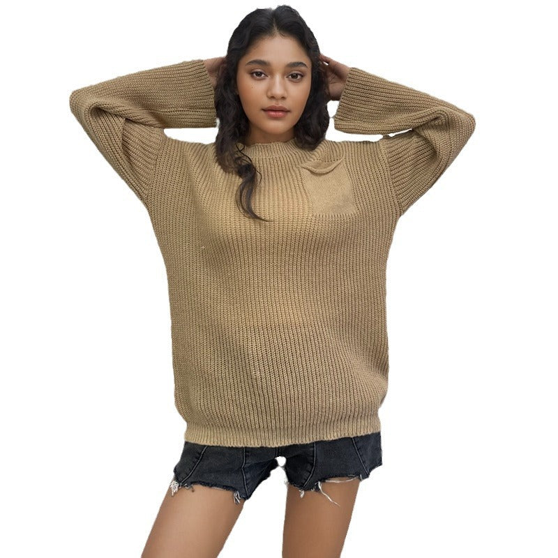 Damen Grob gestrickter Pullover mit lässigem Schnitt und praktischer Tasche R&B