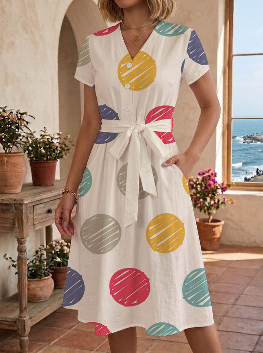 Damen lässiges Maxikleid mit taillierbarem Knoten und dekorativem Karomuster R&B