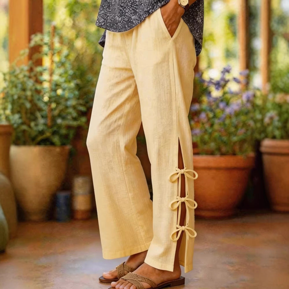 Damen Leichte Sommerhose mit seitlichen Bindegürtel undDekolleté-Schlitzen R&B