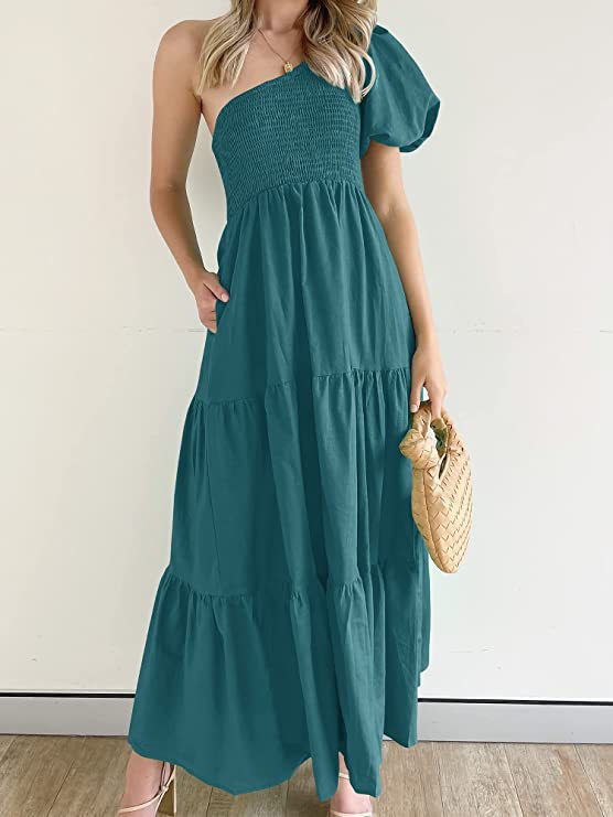 Damen Maxikleid mit asymmetrischem Träger und fließendem Schnitt R&B