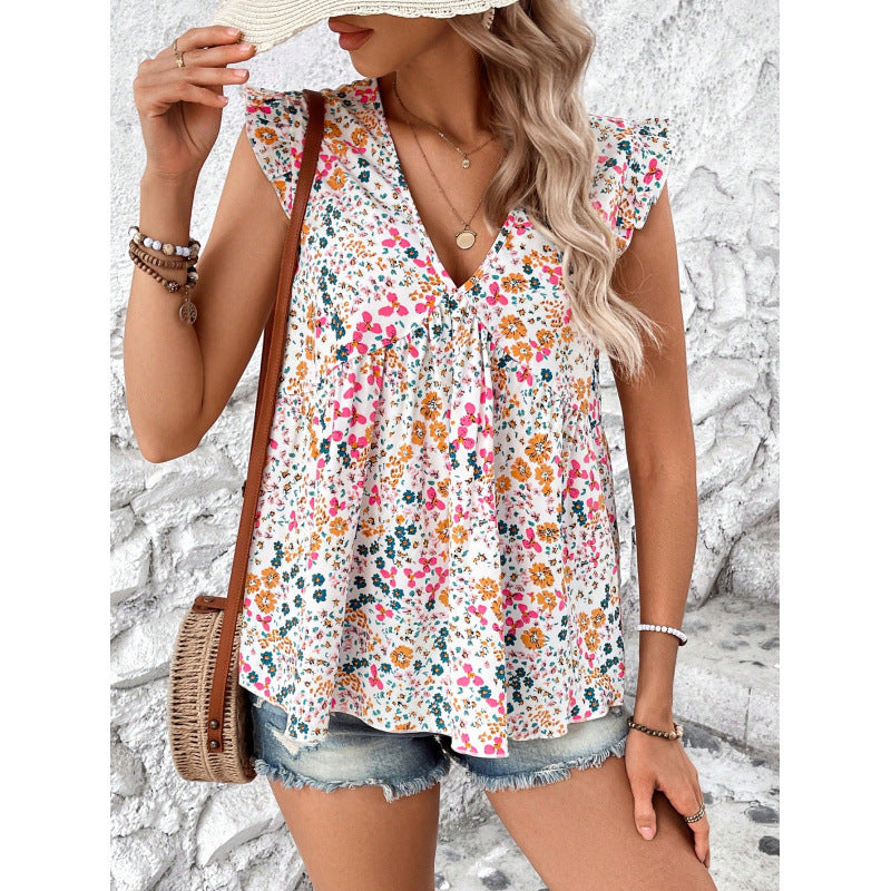 Damen Blusenshirt mit floralem Design und V-Ausschnitt R&B