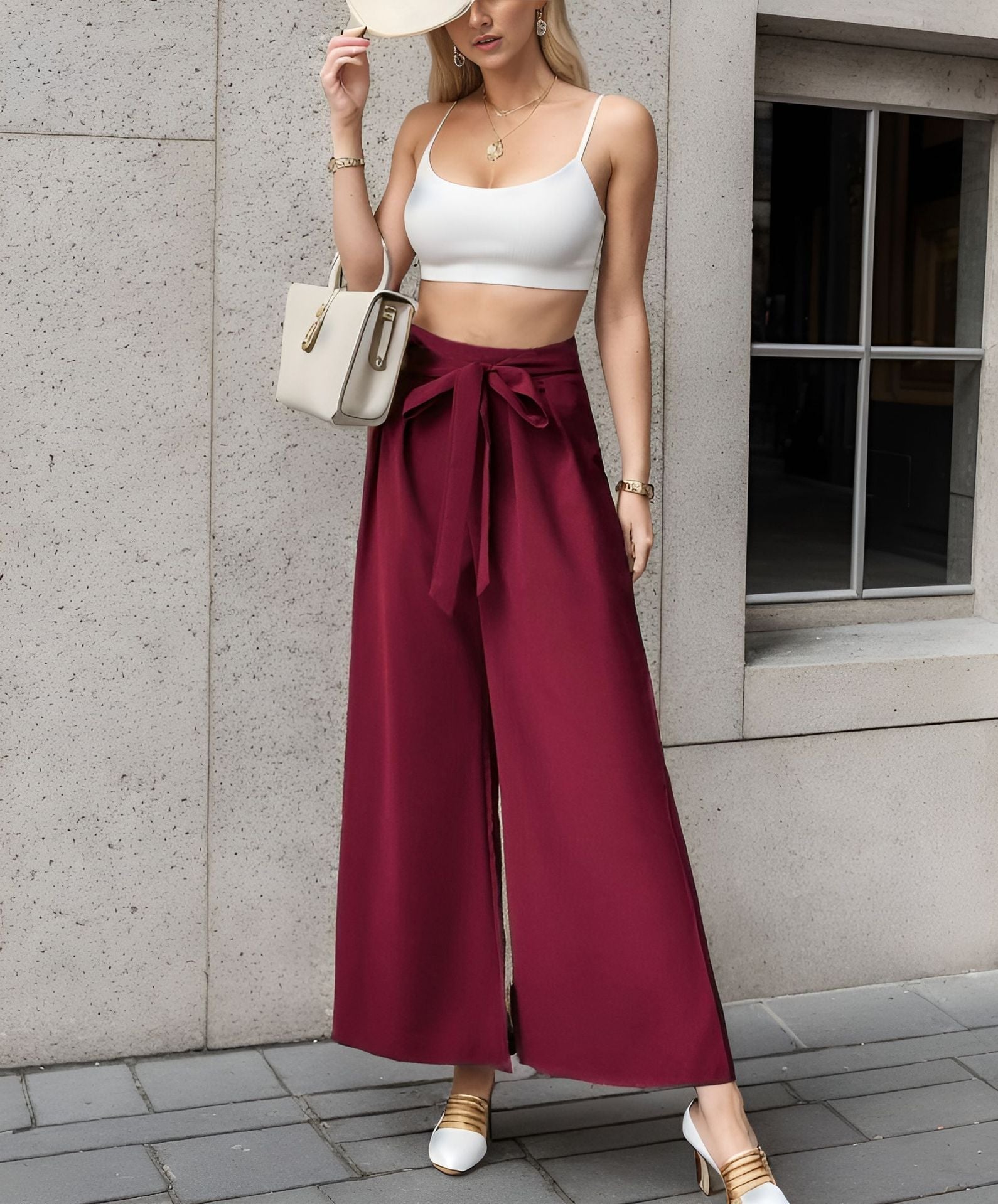 Damen Weite Palazzo-Hose mit Bindegürtel und elegantem Schnitt R&B