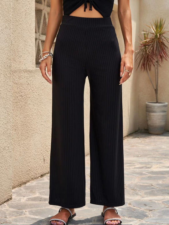 Damen Weite, gestreifte Plisseehose mit hohem Bund und elastischem Taillenbund R&B