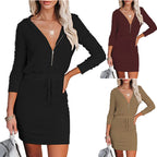 Damen lässiges Mini-Kleid mit Kapuze und Reißverschluss R&B