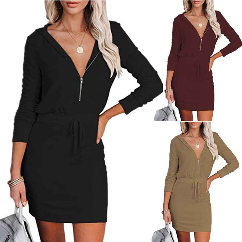 Damen lässiges Mini-Kleid mit Kapuze und Reißverschluss R&B
