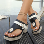 Damen Plateau-Zehentrenner mit modischem Riemen-Design und verstellbarer Schnalle R&B