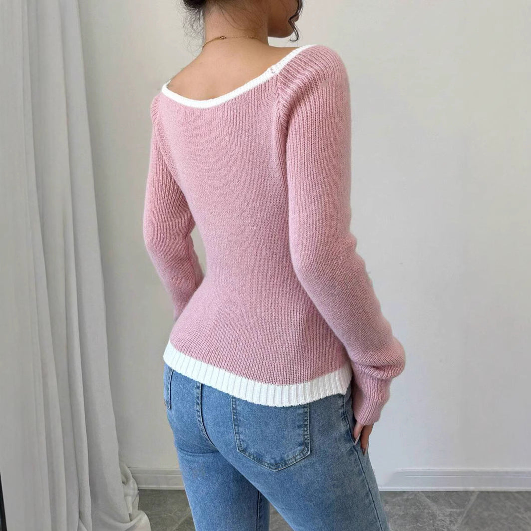 Damen modischer Pullover mit kontrastierendem Saum und tiefem V-Ausschnitt R&B