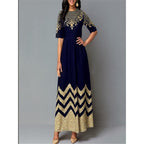 Damen Maxikleid mit kunstvollem Goldstickdesign und elegantem Zickzackmuster R&B