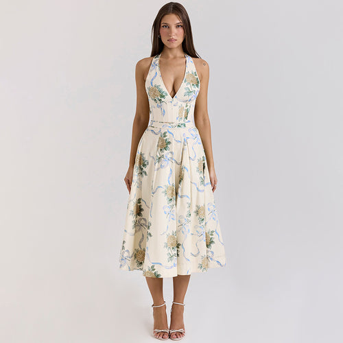 Damen Elegantes Blumen-Midikleid mit tiefem V-Ausschnitt R&B