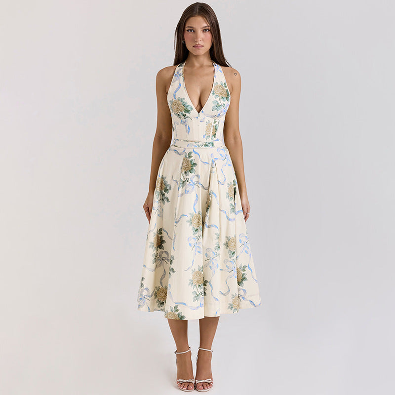 Damen Elegantes Blumen-Midikleid mit tiefem V-Ausschnitt R&B