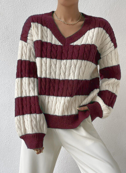 Damen V-Ausschnitt Strickpullover mit Rippstruktur und langen Ärmeln R&B