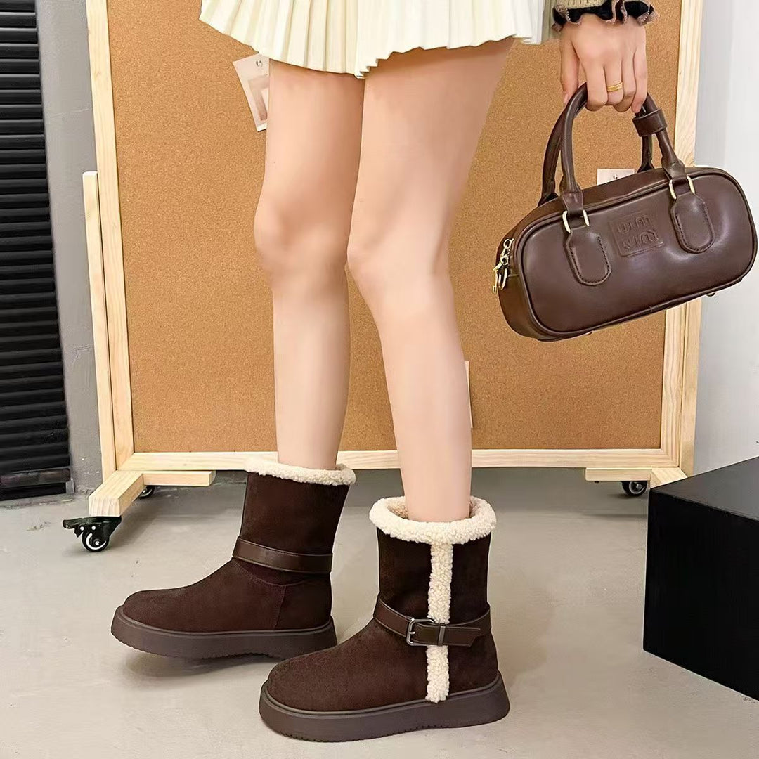 Damen Modische und warme Stiefel mit kuscheligem Innenfutter und praktischer Schnalle R&B