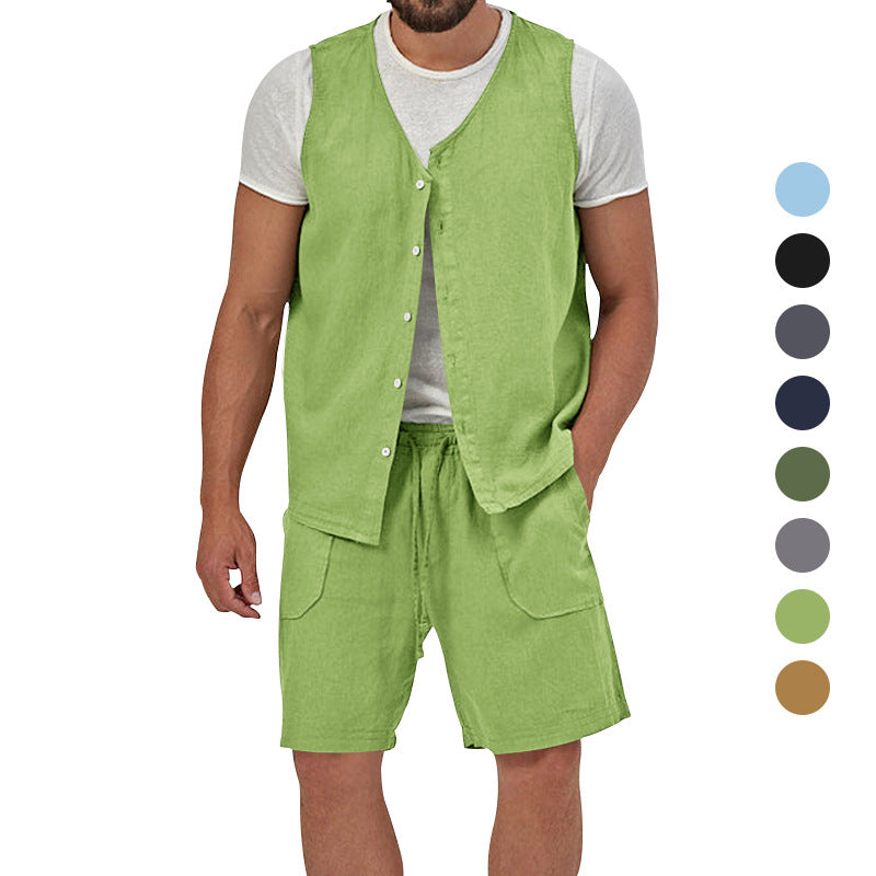 Herren nan zweiteiliges Freizeit-Set mit ärmelloser Knopfweste und weiten Kordelzug-Shorts mit aufgesetzten Taschen R&B