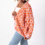 Damen grob gestrickter Cardigan mit stilvollem Leopardenmuster und bequemen Oversize-Details R&B