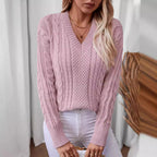 Damen modischer Strickpullover mit tiefem V-Ausschnitt und Zopfmuster