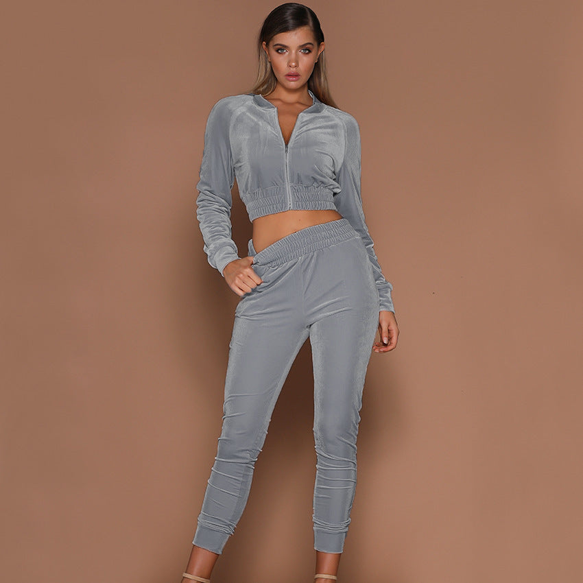 Damen Velours-Loungewear Set mit hochgeschlossener Jacke und elastischem Bund R&B