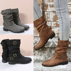 Damen nan lässige knöchelhohe Stiefelette mit gerafftem Schaft, dekorativen Schnallenriemen und flexibler Profilsohle R&B