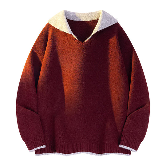 Damen Strickpullover mit V-Ausschnitt und hohem Kragen R&B