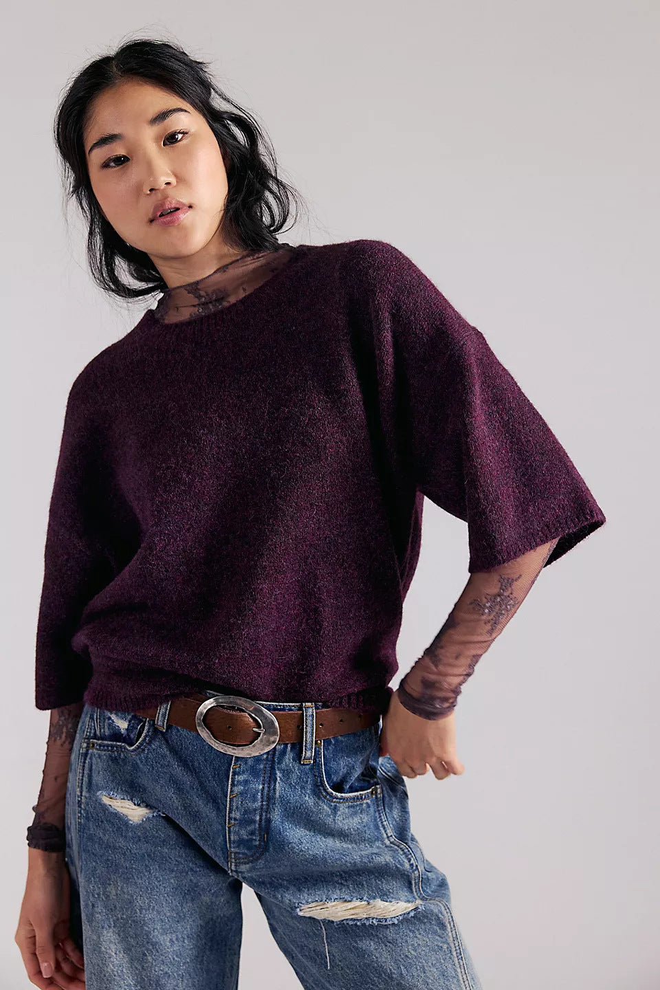 Damen Stylish halbtransparentes Sweatshirt mit Spitze und lässigem Schnitt R&B