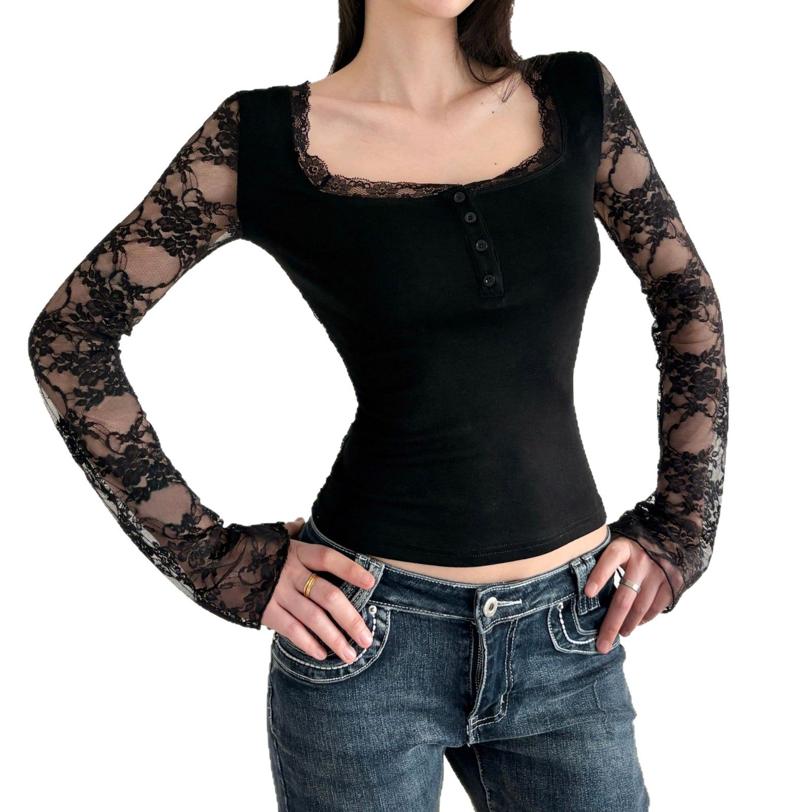 Damen Elegantes Langarmshirt mit Spitze und Knopfdetails R&B