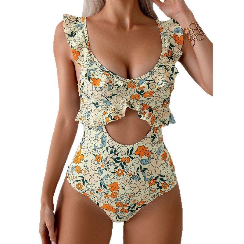 Damen Einteiler-Badeanzug mit Rüschendetails und Cut-Out R&B