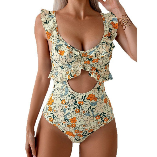 Damen Einteiler-Badeanzug mit Rüschendetails und Cut-Out R&B