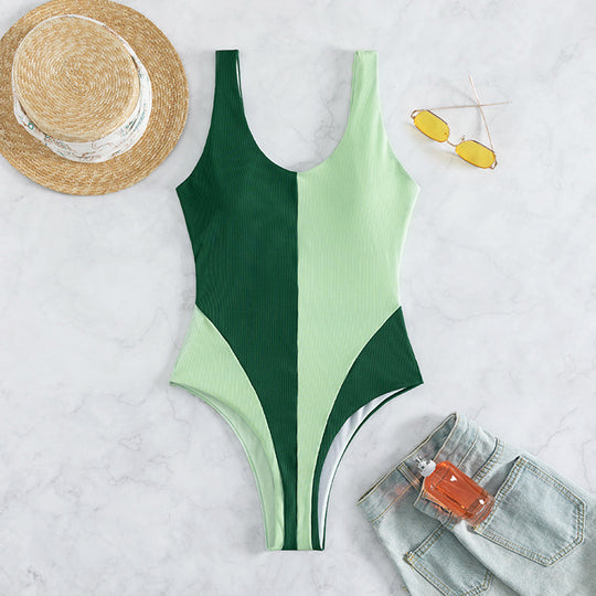 Damen Einteiliger Badeanzug mit tiefem V-Ausschnitt und modischen Farbblock-Design R&B