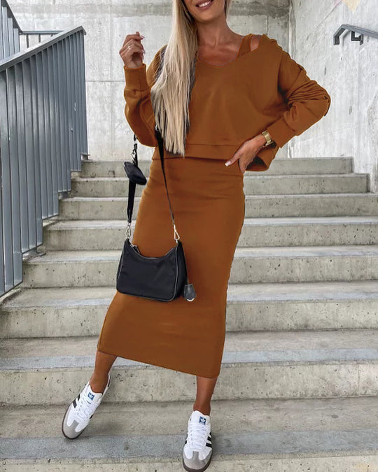 Damen lässiges Set aus cropped Pullover und figurbetonendem Midi-Rock R&B