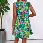 Damen nan luftiges A-Linien-Minikleid mit Rundhalsausschnitt und Volant-Saum R&B