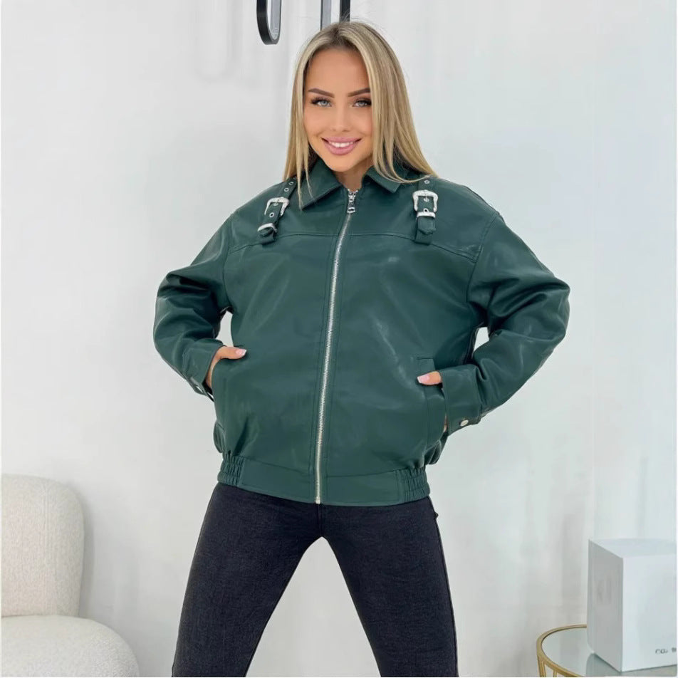Damen modische Kunstlederjacke im lässigen Stil mit dekorativen Details R&B