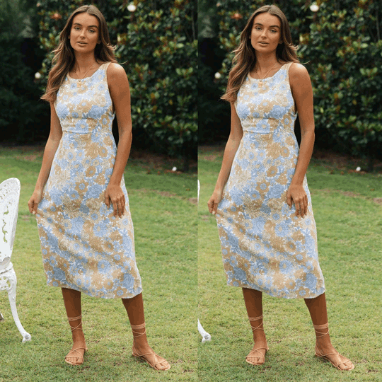 Damen Midi-Kleid mit floralem Design und schmalem Taillenbund R&B