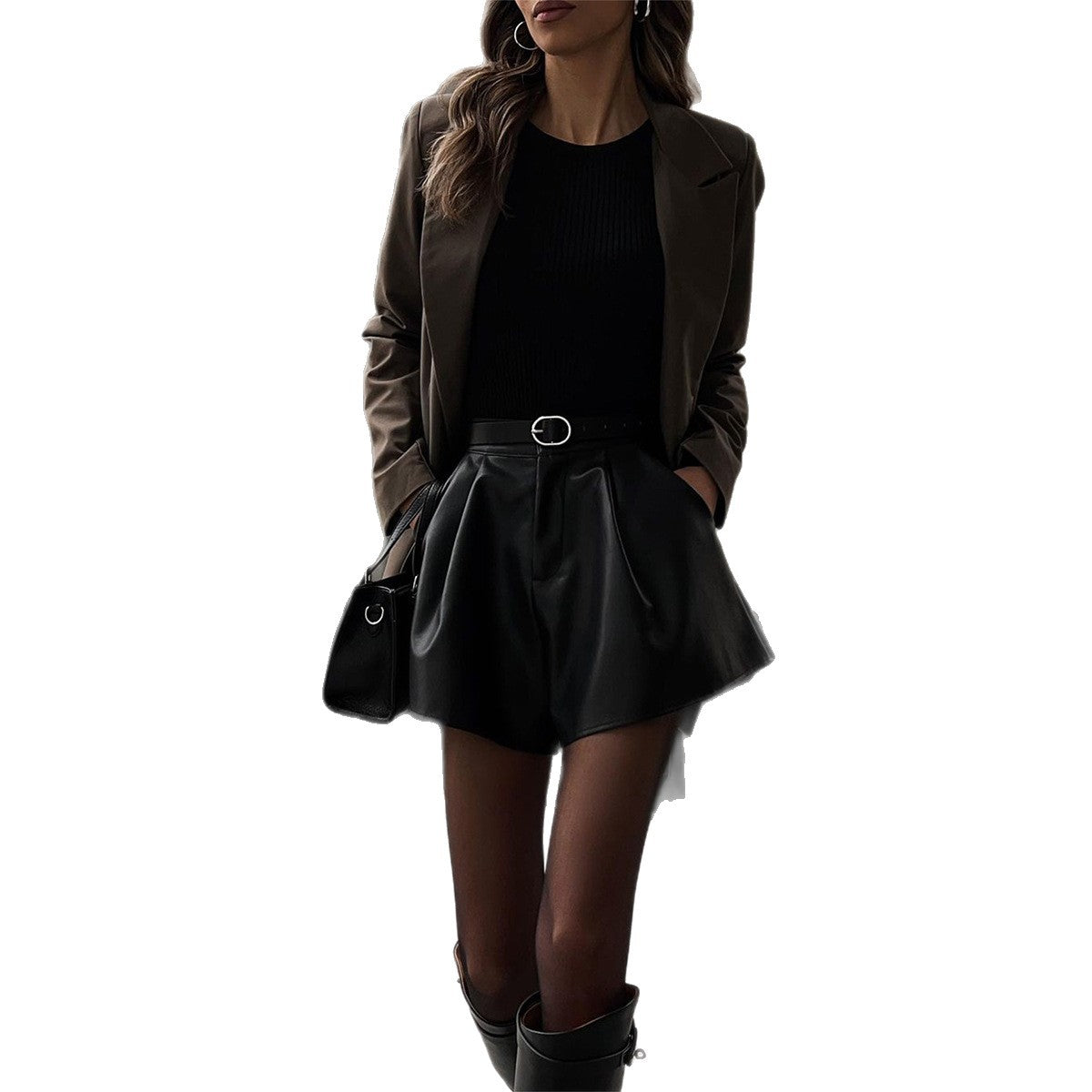 Damen Modische Kunstleder Shorts im Rockstil mit hohem Bund R&B