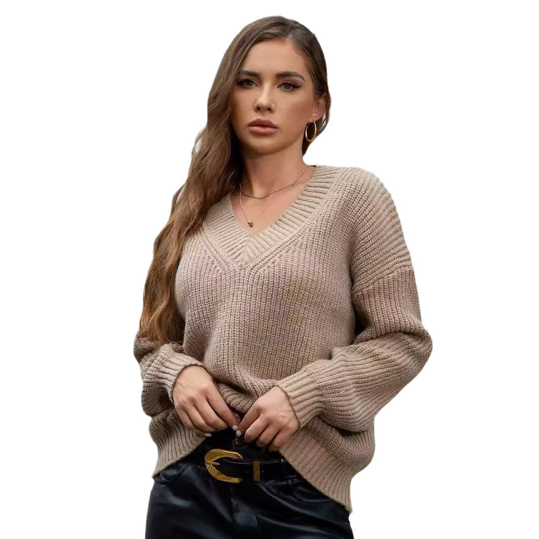 Damen gemütlicher V-Ausschnitt Strickpullover mit lockerem Schnitt und strukturiertem Muster R&B