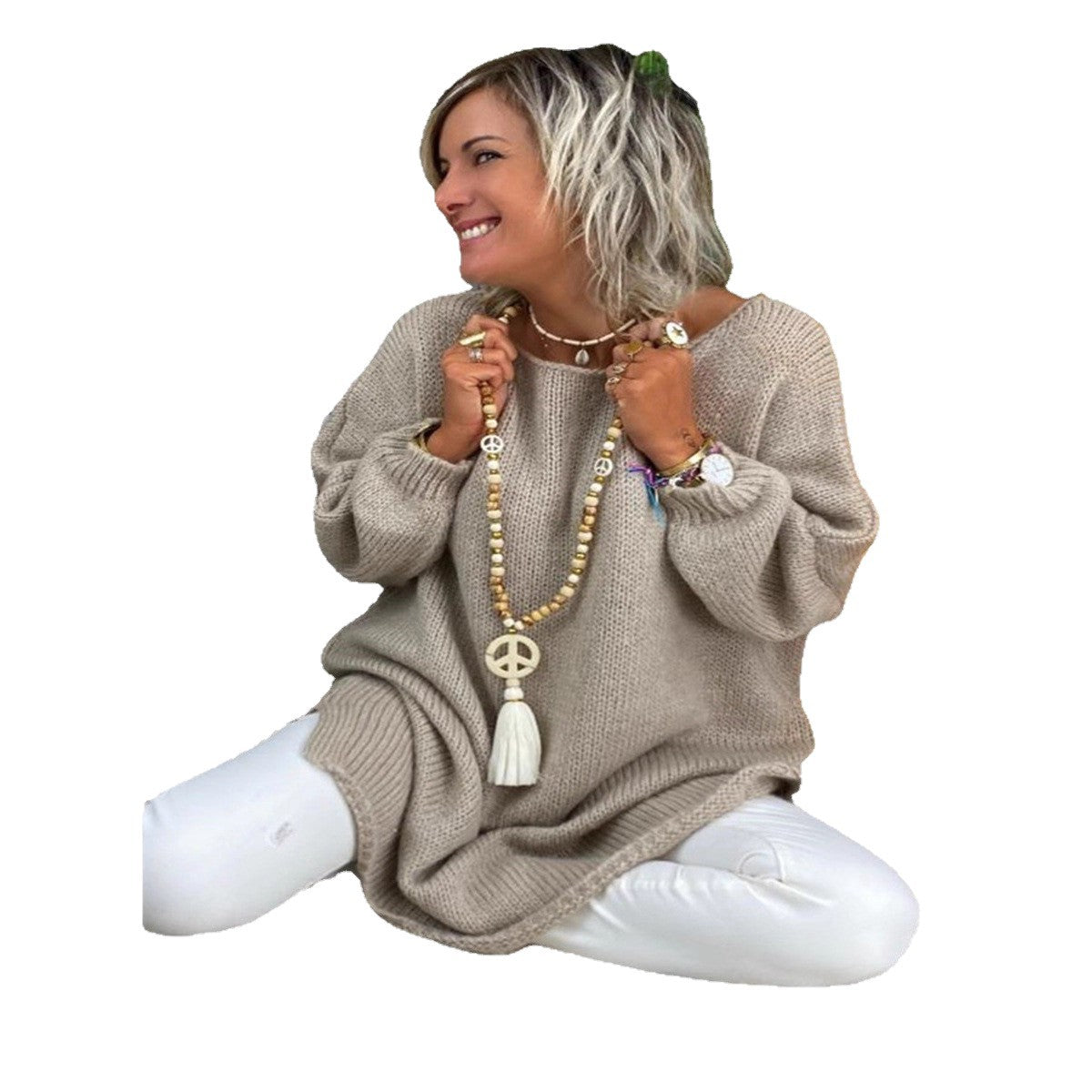 Damen lässiger Langarmstrickpullover im Oversized-Stil mit seitlichen Schlitzen R&B