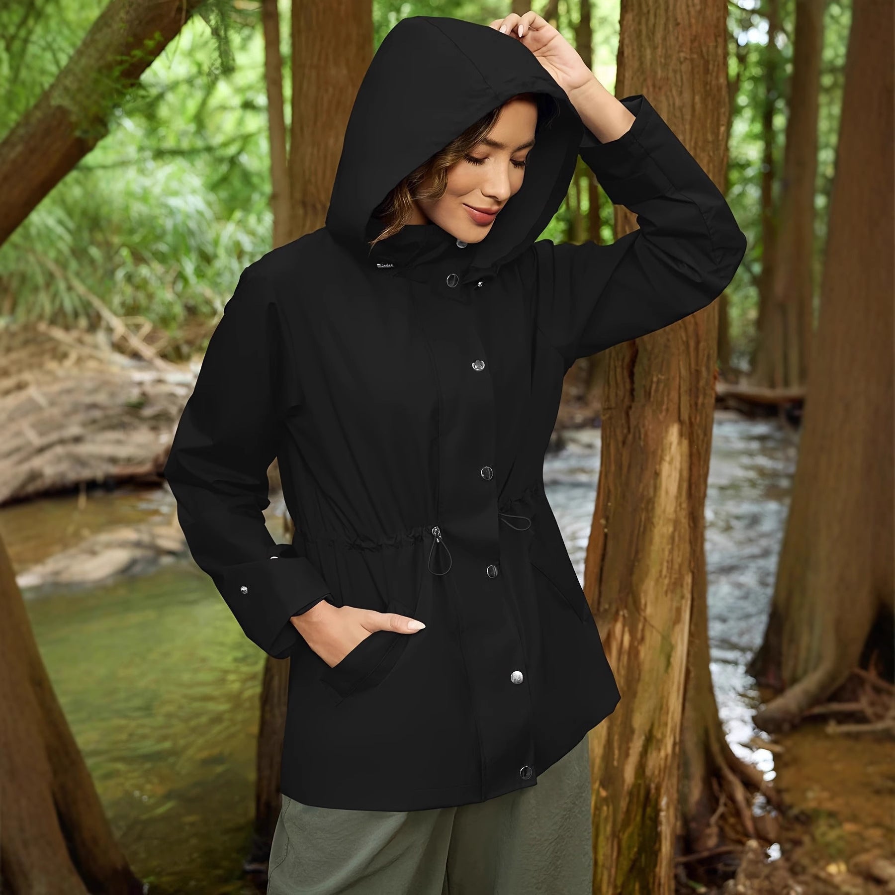Damen funktionale Übergangsjacke mit verstellbarem Bund und Kapuze R&B