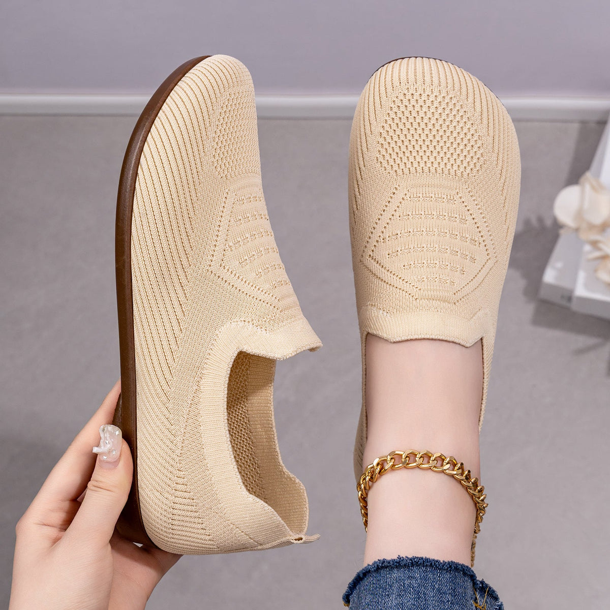 Damen nan gestrickter Komfort-Slip-On Halbschuh mit sockenähnlichem Schaft, gepolstertem Memory-Fußbett und flexibler Leichtlaufsohle R&B