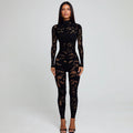 Damen Figurnahes Netz-Jumpsuit mit langem Arm und hohem Kragen R&B