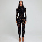 Damen Figurnahes Netz-Jumpsuit mit langem Arm und hohem Kragen R&B
