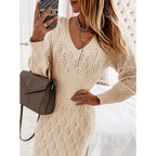 Damen Strickkleid mit halbtransparentem Muster und schickem V-Ausschnitt R&B