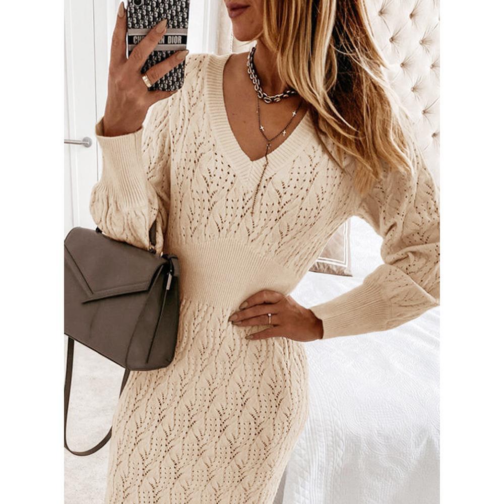 Damen Strickkleid mit halbtransparentem Muster und schickem V-Ausschnitt R&B