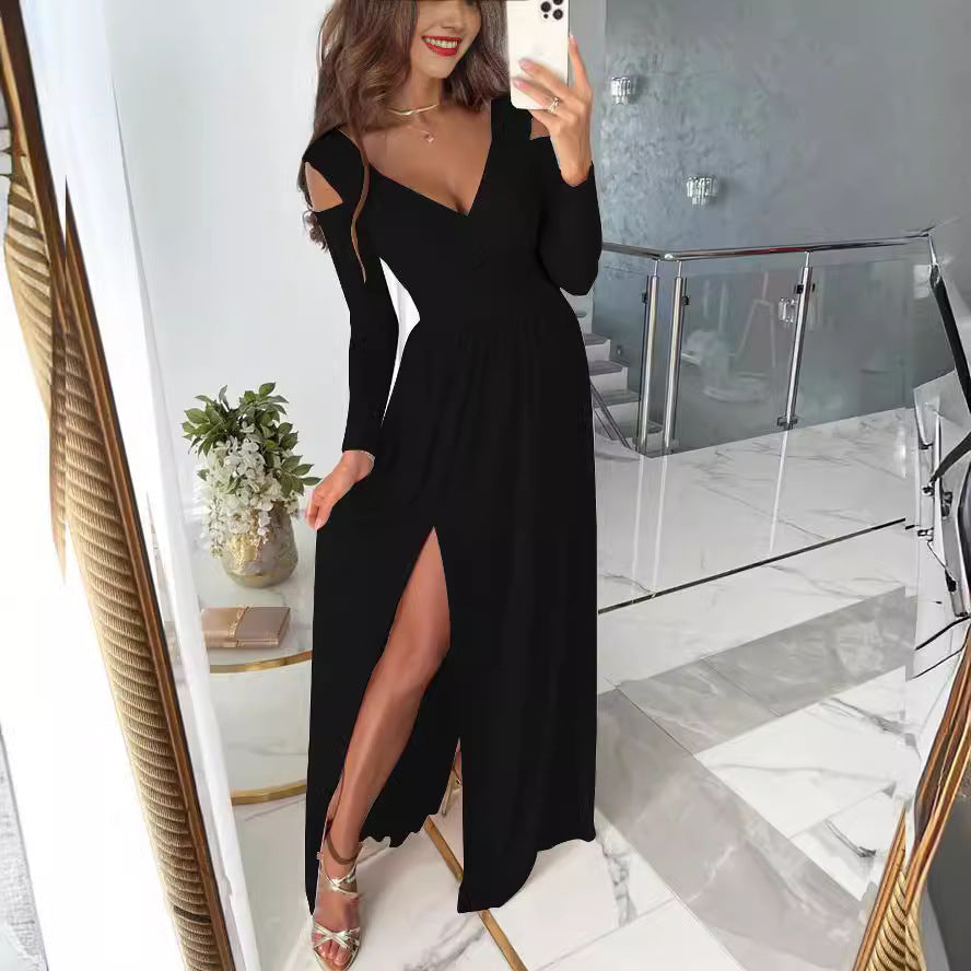 Damen elegantes und figurschmeichelndes Kleid mit langen Ärmeln und seitlichem Schlitz R&B