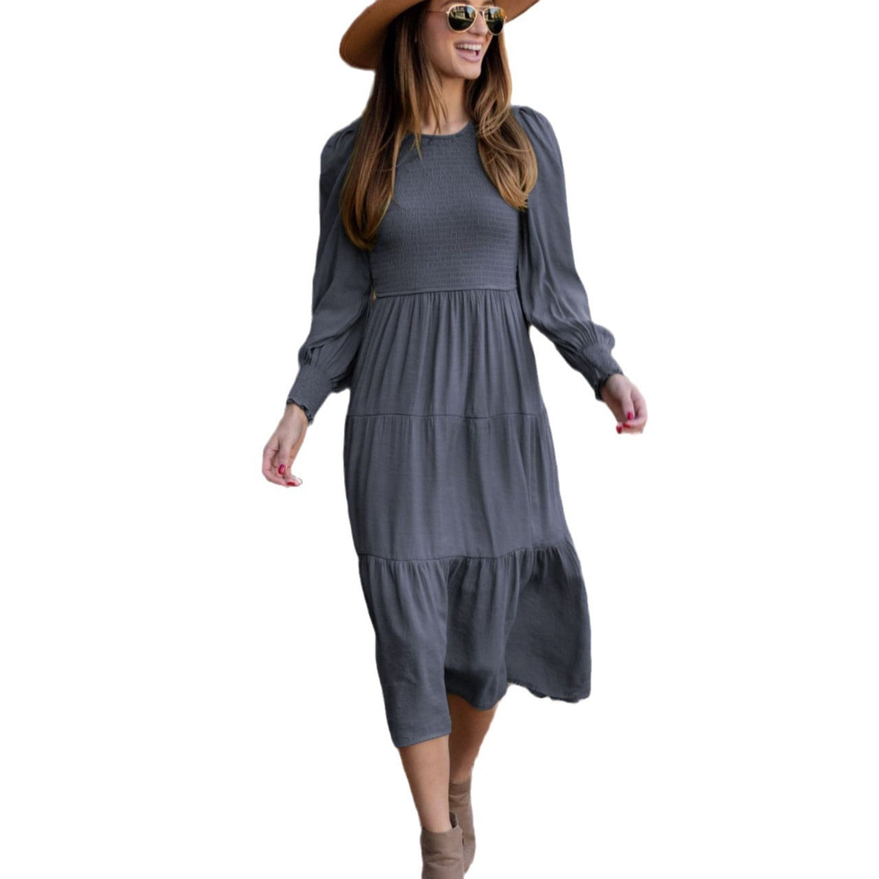 Damen Maxikleid mit schickem Smock-Oberteil und voluminösen Puffärmeln R&B