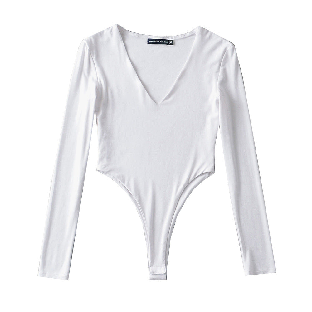 Damen figurbetontes Langarmbodysuit mit tiefem V-Ausschnitt R&B